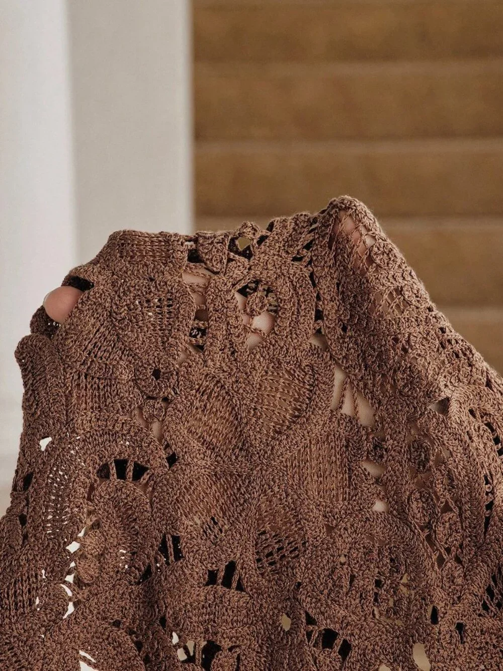 Brown Elegant Women's Knitted Lace Semi-Sheer Short Camisole Top